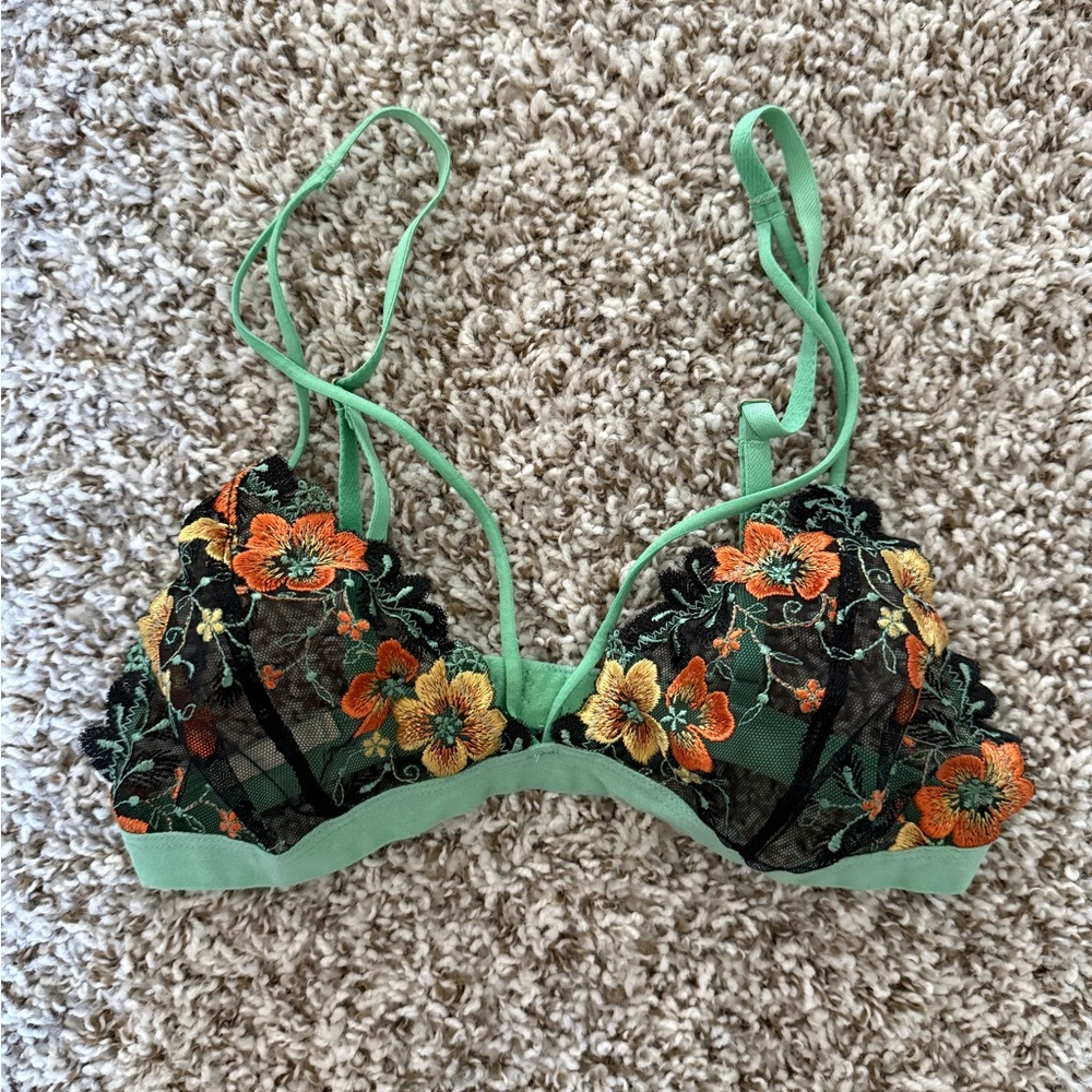 Floral Embroidered Lace Bralette - Green and Orange